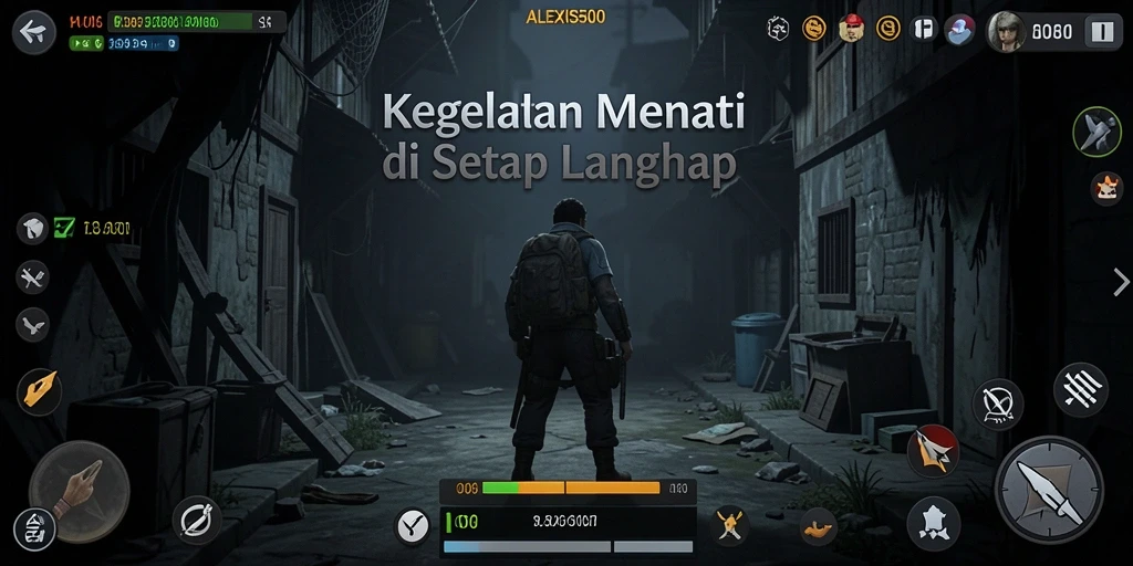 Screenshot ALEXIS500 menampilkan suasana mencekam dan gameplay seru.