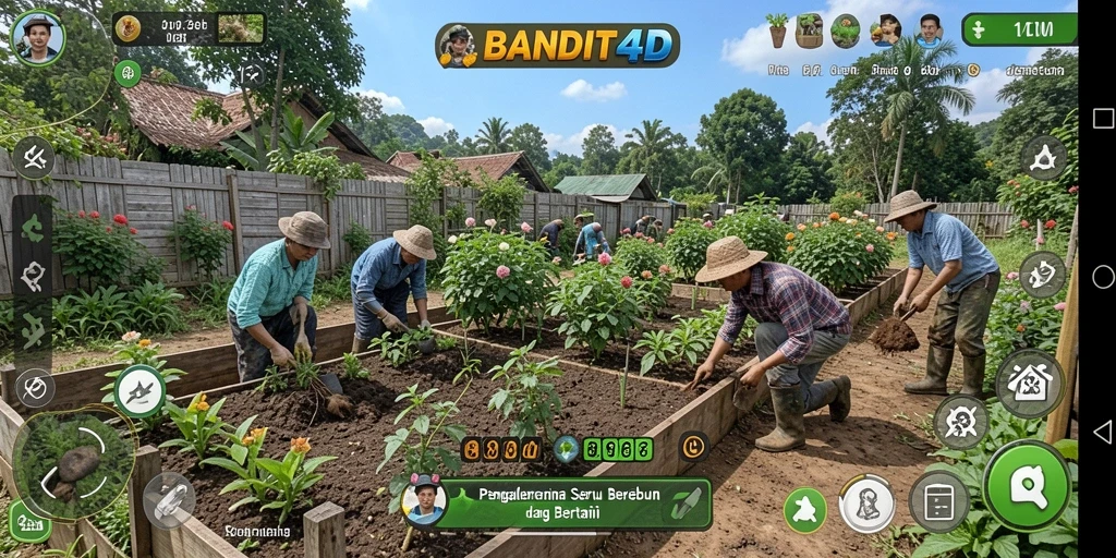 Tampilan gameplay <strong>BANDIT4D</strong> yang menunjukkan aktivitas bertani dan panen.