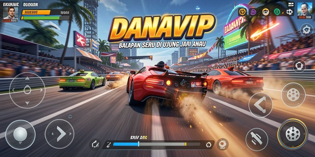 Screenshot gameplay <strong>DANAVIP</strong> menampilkan aksi balapan yang intens.