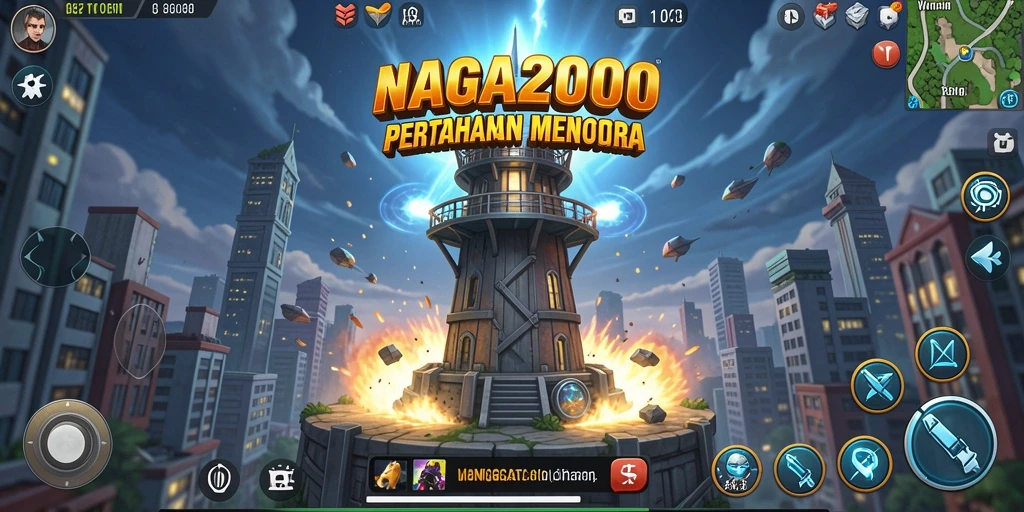 Tangkapan layar gameplay NAGA2000 yang menunjukkan strategi pertahanan menara.