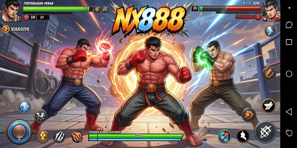Screenshot NX888 menampilkan aksi pertarungan mendebarkan di arena.