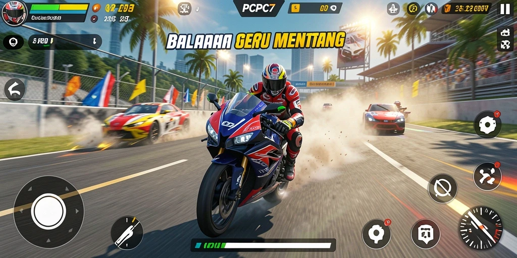 Gameplay seru balapan motor di PCPC7 dengan grafis menakjubkan.